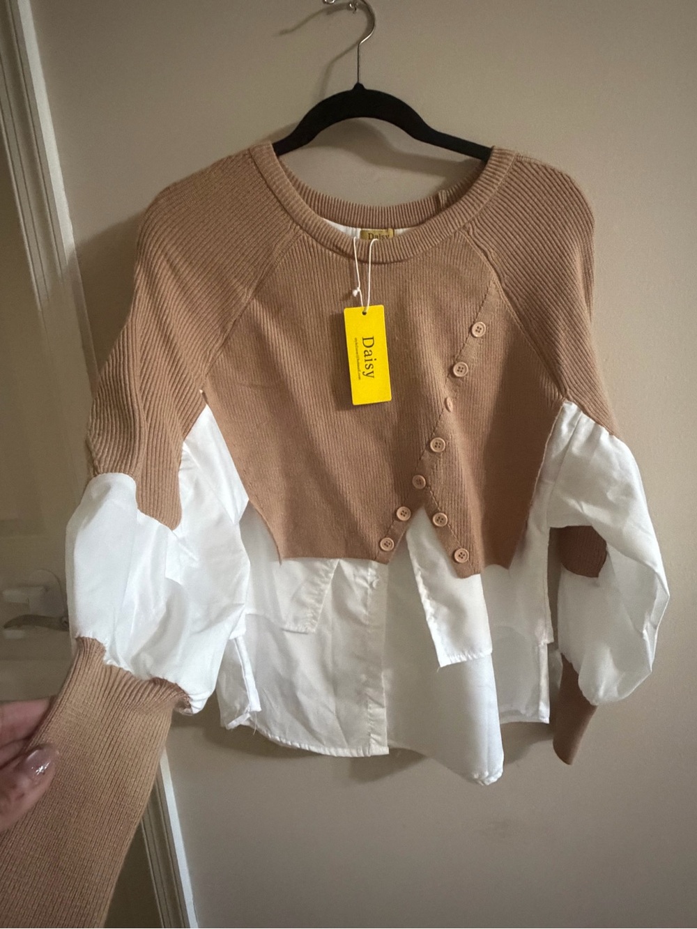 Daisy Cropped Camel Knit with Attached White Shirt